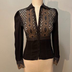 BEAUTIFUL CATHERINE MALANDRINO EMBROIDERED BLACK BLOUSE SMALL